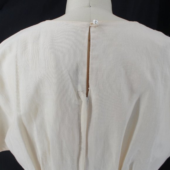 Vintage 80s Dress Ramie Cotton Lace Cutwork Embroidery Peplum Beige Midi 8 - Picture 4 of 15